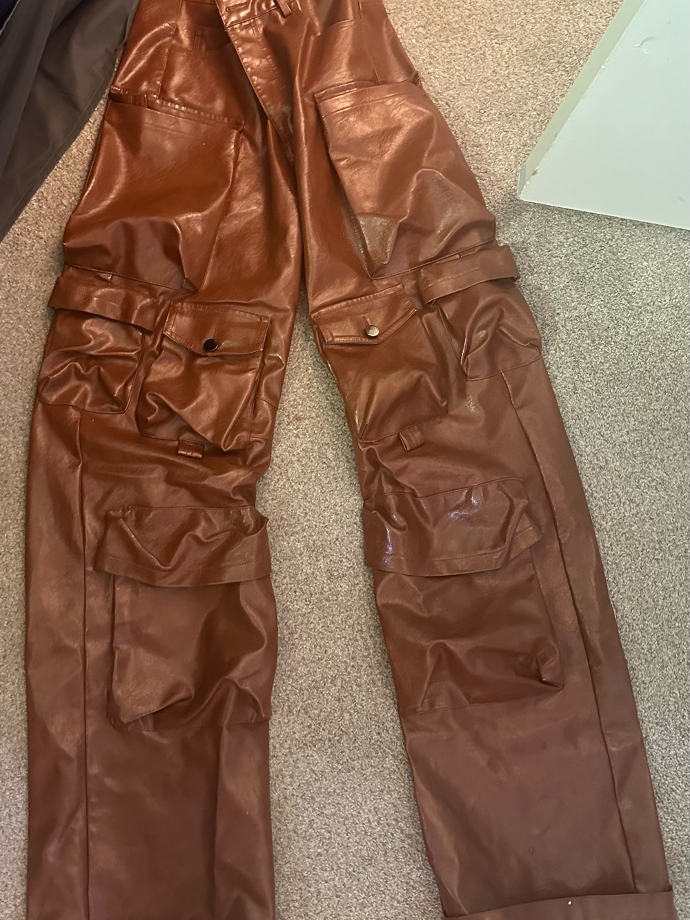 Brown Faux Leather Cargo Pants - Classic Utility Style